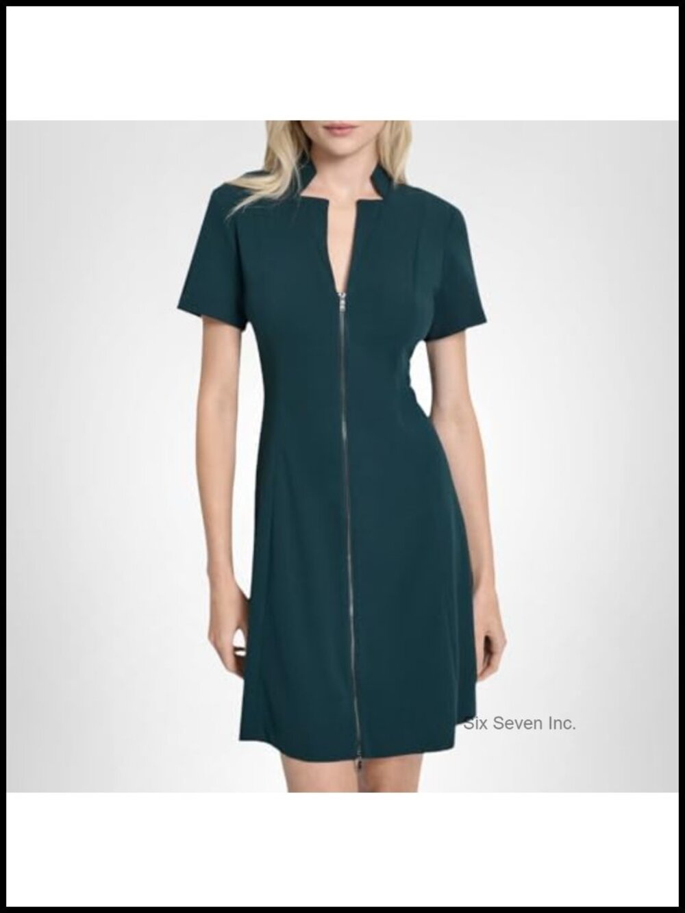 DKNY Short Sleeve V-Neck Zipper Front Scuba Crepe Mini Dress | Work/Professional
